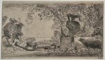 Giovanni Benedetto Castiglione (1609-1664) - Antique print, etching I Pan resting by a big vase, published ca. 1643-1647, 1 p.