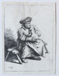 after Cornelis Bega (1632-1664) - [Antique print, etching] A woman seated, holding a large jug, after 1664.