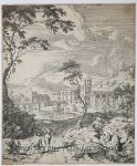 Albert Meyering (1645-1714) - [Antique print, etching/ets, Rome] Landscape with a woman with a parasol, published 1650-1700.