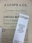  - Aanspraak of aanmaaninge aan Amstels Burgery tot voldoeninge van de thans