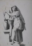 antique print (prent), - Vrouw met waterkruik bij put.