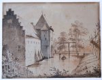 Johannes Huibert Prins (1757-1806) (?) - Antique drawing | View of a side of a castle / Gezicht op een kasteel, ca. 1800, 1 p.