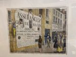  - LOTERIJEN, AANPLAKBILJETTEN Handingekleurde litho door Bourdet, 16x20 cm: “Le Réalisme Parisien: l’affichomanie”. Spotprent op het overdreven beplakken van huizen in Parijs met levensgrote aanplakbiljetten. Op de voorgrond “Assurances gé...