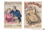 Cologne, Dalleroy, Héros, Lemaitre, Lémon - 5 partititions musicales, 19e siècle (chansons créées aux théâtres Parisiens). Pt. Format.: 1) Bonsoir Ninon. Romance. Paroles Lucien Cologne, musique Émile Spencer. Créée par Marius Richard à la Scala et Debailleul à l'Eldorado. - 2) Fr...