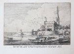 Jan van de Velde II (1593-1641) - [Antique etching, ets, landscape print] J. v.d. Velde II, Cattle on a ferry by a fort in a river landscape (vee op veerbort bij fort), published before 1713.