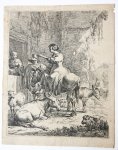 Nicolaes Pieterszoon Berchem (1620-1683) - Antique print, etching | People and animals before the inn, published ca. 1652, 1 p.