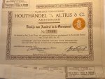  - [Stocks, Timber trading 1925] Two stocks of timber trading company Altius in Amsterdam / Twee aandelen van de N.V. Houthandel vh. Altius & Co., Amsterdam, 1925.