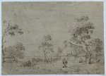 Monogrammist H.O. - Antique Drawing in Black Chalk - Landscape with several figures beside a small farmhouse - Signed H.O., date unknown, 1 p.