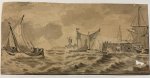 Anonymous. - Washed Drawing, ca 1800 | Washed drawing of ships near a harbour, 1 p.