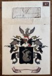 [Meerman family crest] - [Heraldic drawing, coat of arms] Handcolored printed coat of arms of Meerman family with 18th century autograph pasted on a bigger sheet of paper, 1 p.