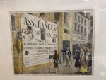  - LOTERIJEN, AANPLAKBILJETTEN Handingekleurde litho door Bourdet, 16x20 cm: “Le Réalisme Parisien: l’affichomanie”. Spotprent op het overdreven beplakken van huizen in Parijs met levensgrote aanplakbiljetten. Op de voorgrond “Assurances gé...