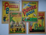 Hoeksema, Daan & Truus Vinger. - Spel-Boek (Electrische tram-spel/ Vliegmachine-spel/ Radio-spel/ Jagers-spel/ Auto-spel)/ Puzzle Boek/ Puzzle Boek van Daan Hoeksema/ Het nieuwste Puzzle Boek; 50 puzzles. 4 delen.