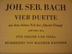 Bach; J. S.  (1685-1750) - Vier Duette aus dem Teil der "Clavier Ubung" (BWV 802-805) Fur Violine und Viola (Bearbeitet von Walther Davisson)