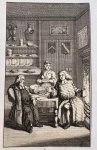 [Luyken, Jan]? - [Antique etching, gastronomy] View of a kitchen with cooking oven and a drinking person and some food on the table, published around 1687, 1 p.
