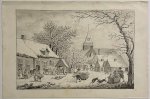  - Antique drawing pencil I View on a village in winter (Winterlandschap met duwslee), ca. 1820.
