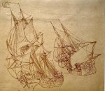 Dominic Serres I (1722-1793) - Antique drawing | Two sailships, dated 1777, 1 p.