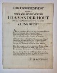  - [Manuscript, poem, KRAGTINGH, VAN DER HOUT] Ter geboortenfeest mijner zeer geliefde moeder Ida van der Hout den 29 van slachtmaand 1768. 4o, [1] p.