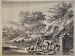 Jan Groensvelt (c. 1660-1728), after Nicolaes Berchem (1621/22-1683) - Antique print, etching | Landscape with shepherds and cattle, published ca. 1690, 1 p.