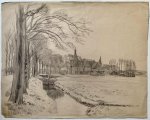 Leendert Klaas Cornelis Prins (1887-1957) - [Modern drawing, black chalk] Winter landscape with a small village, ca. 1920-1940, 1 p.