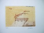 CZINNER, Ossi. - Impression on an italian town with river and bridges. Original coloured etching.