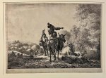 Nicolaes Berchem (1670-1692) - Antique print, etching | Landscape with rider and bagpiper, published ca. 1650, 1 p.