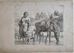 Karel du Jardin (1626-1678) - Antique print, etching | Woman and donkey in shallow waters (vrouw en ezel in ondiep water), published ca. 1655, 1 p.