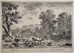 Dancker Danckerts (1634-1666), after Nicolaes Berchem (1621/22-1683) - Antique print, etching | Italianate landscape with shepherds by a river, published ca. 1650, 1 p.