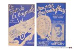 Georgius, Plante, Fontenoy, Magenta, etc. (Würth illustrator) - 6 partitions musicales, Pt. format: 1) Georgius & Henri Poussigue. Ça c'est la bagnole. 1937. - 2) Jaques Plante & Louis Ferrari. Mon petit bouquet de fleurs. Créée et enregistrée par Georges Guétary. 1949. - 3) J. Plante & H. Betti. Maitre P...