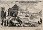 Simon Wijnants Frisius (1580-1629) after Matthijs Bril (1550-1584) - Antique print, etching | Landscape with large city gate on left and river on right, published 1611, 1 p.