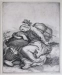 Frederik Bloemaert (1614/17–1690) after Abraham Bloemaert (1566-1651) - [Antique print, engraving and etching] A female peasant resting on a rock, published ca. 1682.