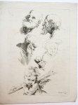 Susanna Maria van Woensel (1782-1821) - Antique print, etching | Studies of elderly men heads, a hand and a putto, published 1801.