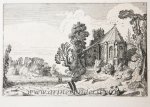 Jan van de Velde II (1593-1641); Claes Jansz. Visscher (II) (1586-1652); Pieter Schenck II (1660-1713) - [Antique etching, ets, landscape print] J. v.d. Velde II, Figures on a country road near a ruined church, published before 1713.
