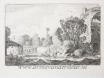 Jan van de Velde II (1593-1641); Claes Jansz. Visscher (II) (1586-1652); Pieter Schenck II (1660-1713) - [Antique etching, ets, landscape print] J. v.d. Velde II, Man with a dog at a ruin (man met hond bij ruīne), published before 1713.