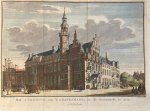 Jacob Folkema (1692-1767), after Cornelis Pronk - [Antique print, handcolored copper engraving, The Hague] Het Stadhuis van 's Gravenhage, na de Groenmarkt te zien, 1 p, published 1749.