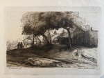 Gildemeester, Anna naar Rembrandt. - Antique print woman artist ca 1920 | Print of Anna Gildemeester after Rembrandt: Farmhouse in landscape with two men in front of trees, 1 p.