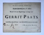 [Funeral card 1753] - [Printed publication, funeral, 1753] Invitation for the funeral of Gerrit Paats. Nieuwe Kerk Amsterdam, 26-5-1753, 4° oblong, 1 p., printed publication.
