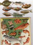  - Oud hengel- of vissenspel voor kinderen met acht genummerde visjes met ijzeren ringetjes