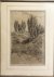 ROOS, S.H. de - Originele tekening in houtskool van enkele jeneverstruiken in een duinachtig landschap.